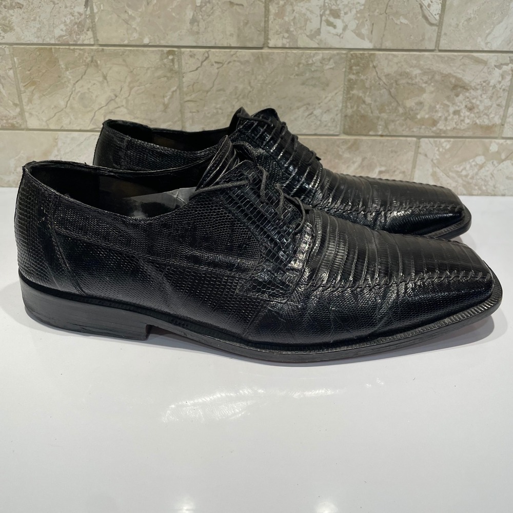 David Eden Black Lizard Skin Lace Up Dress Shoes Square Toe Whipstitch 10.5 Wide